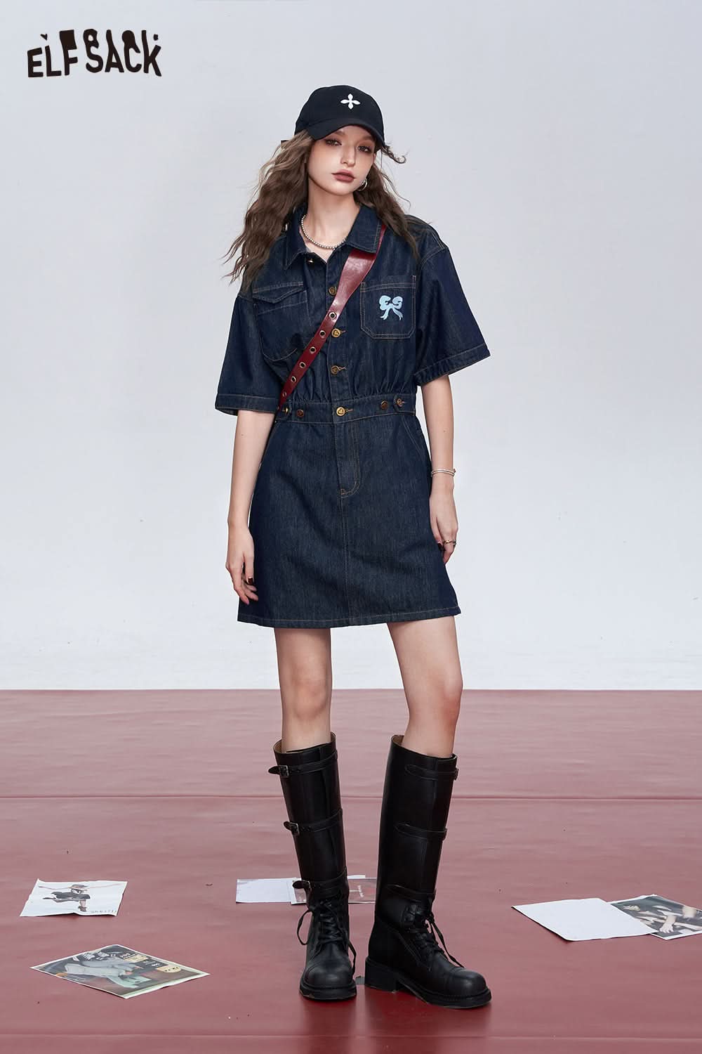 ELFSACK French denim dark blue high-end temperament waist slimming dress