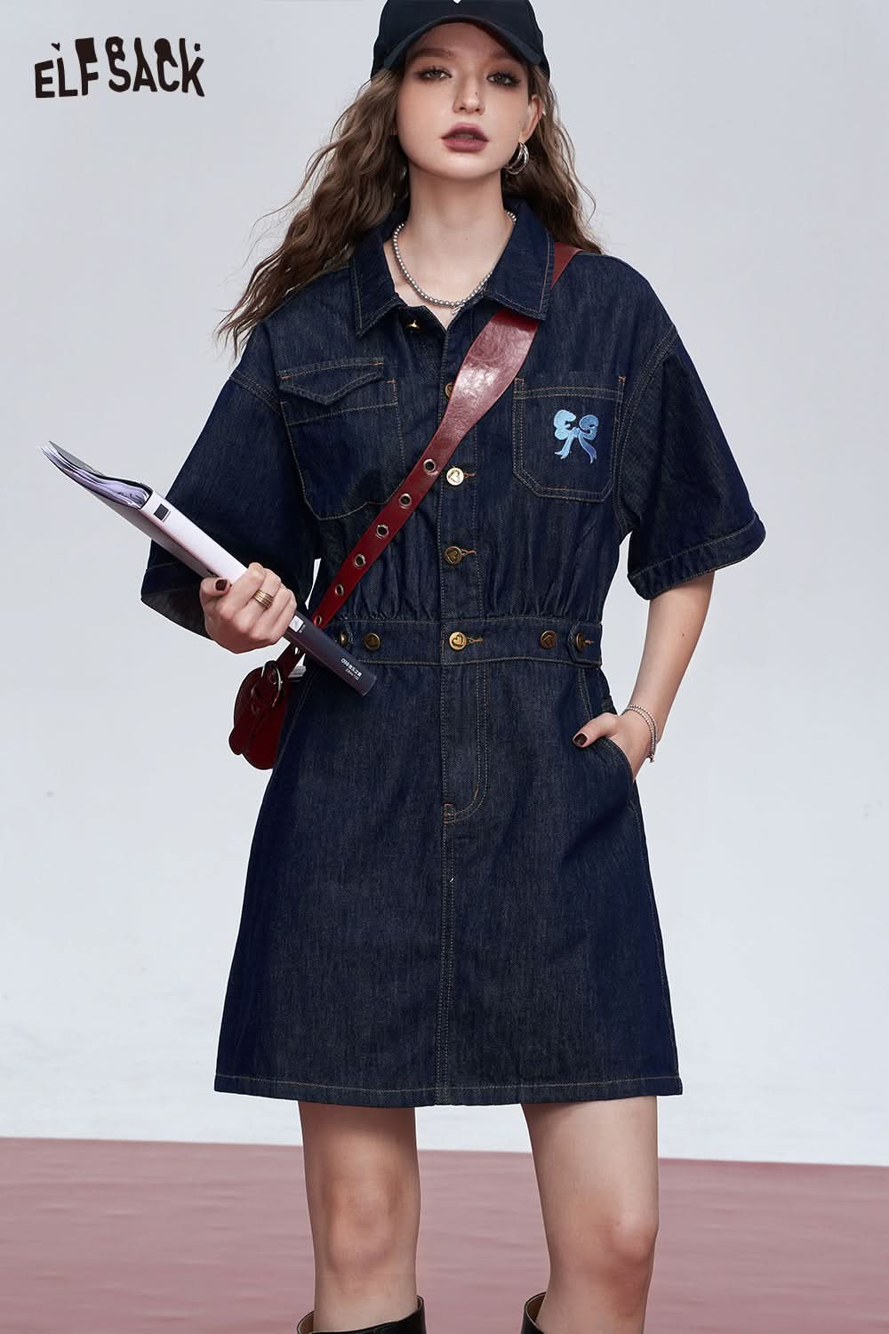 ELFSACK French denim dark blue high-end temperament waist slimming dress