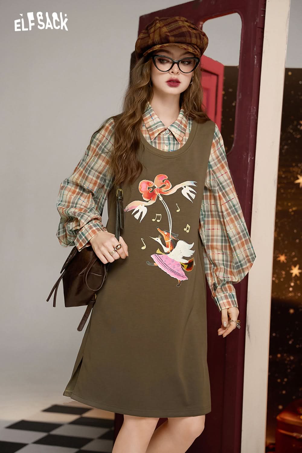 ELFSACK Brown fake two-piece plaid patchwork print loose slim straight dress