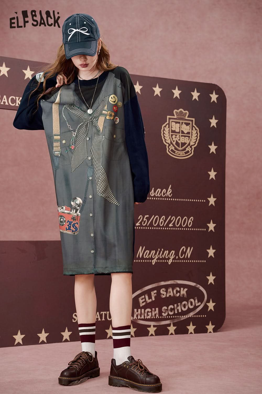 ELFSACK Casual contrasting round neck hoodie dress