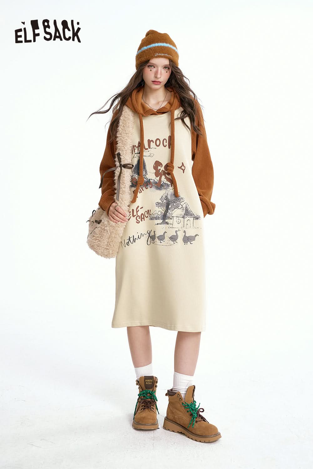 ELFSACK Contrast color stitching print raglan sleeves hooded sweater dress, casual slim dress