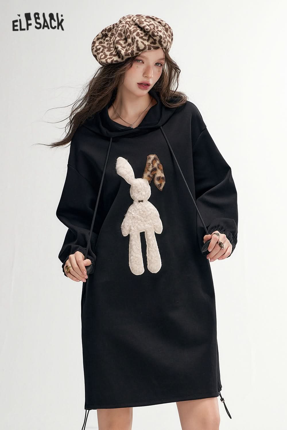 ELFSACK Plush rabbit hooded sweater dress, casual loose dress