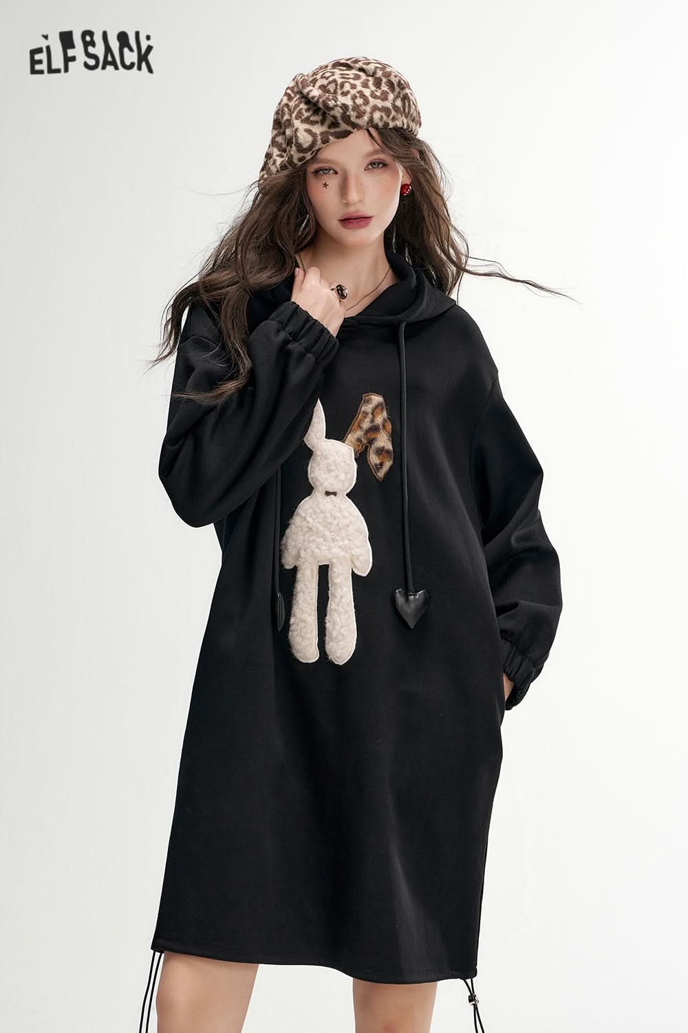ELFSACK Plush rabbit hooded sweater dress, casual loose dress