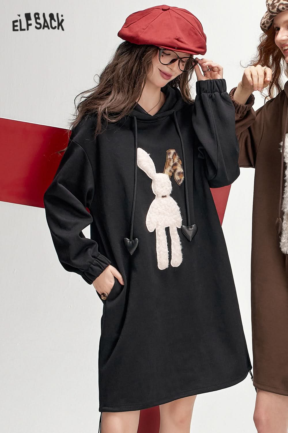 ELFSACK Plush rabbit hooded sweater dress, casual loose dress