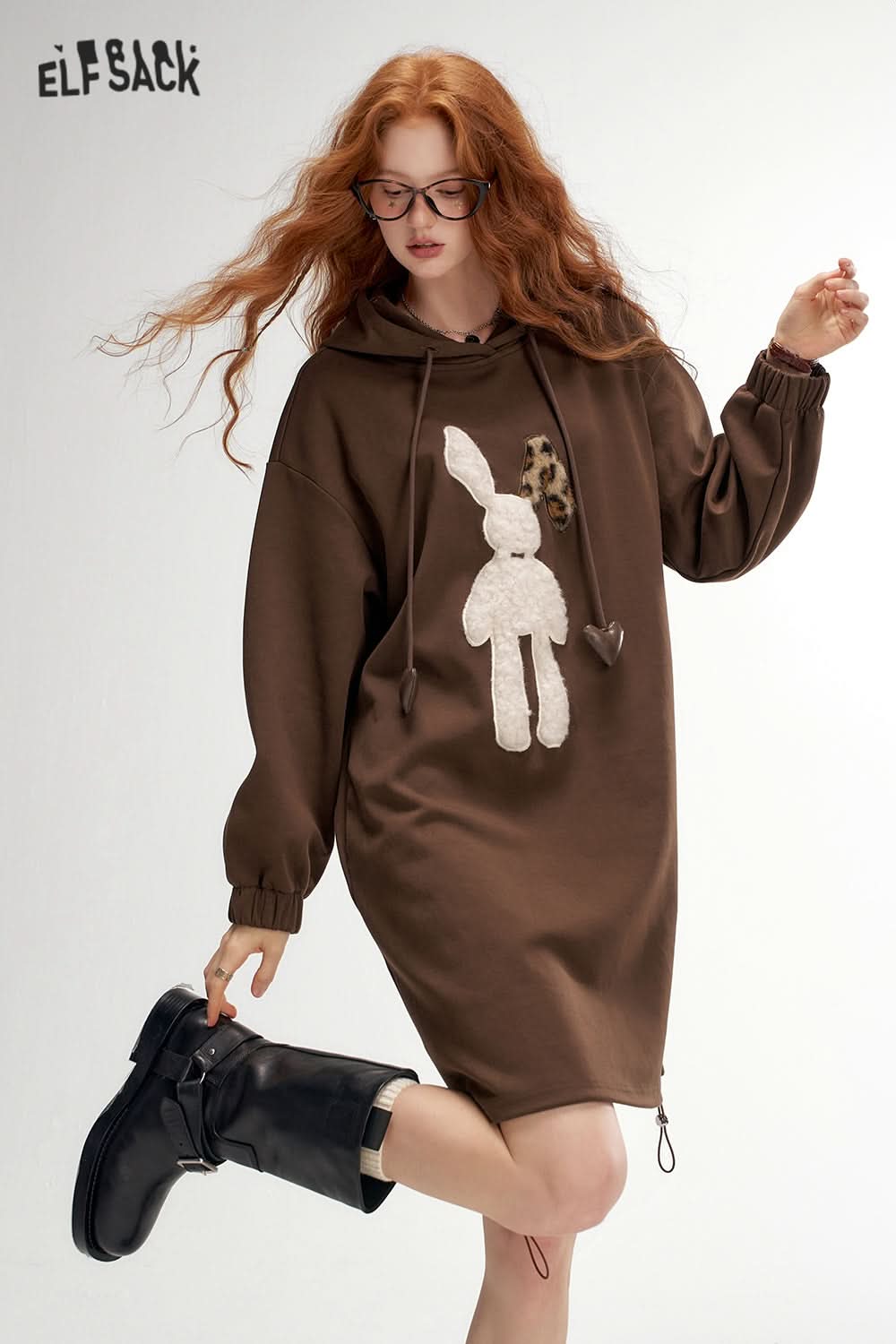 ELFSACK Plush rabbit hooded sweater dress, casual loose dress