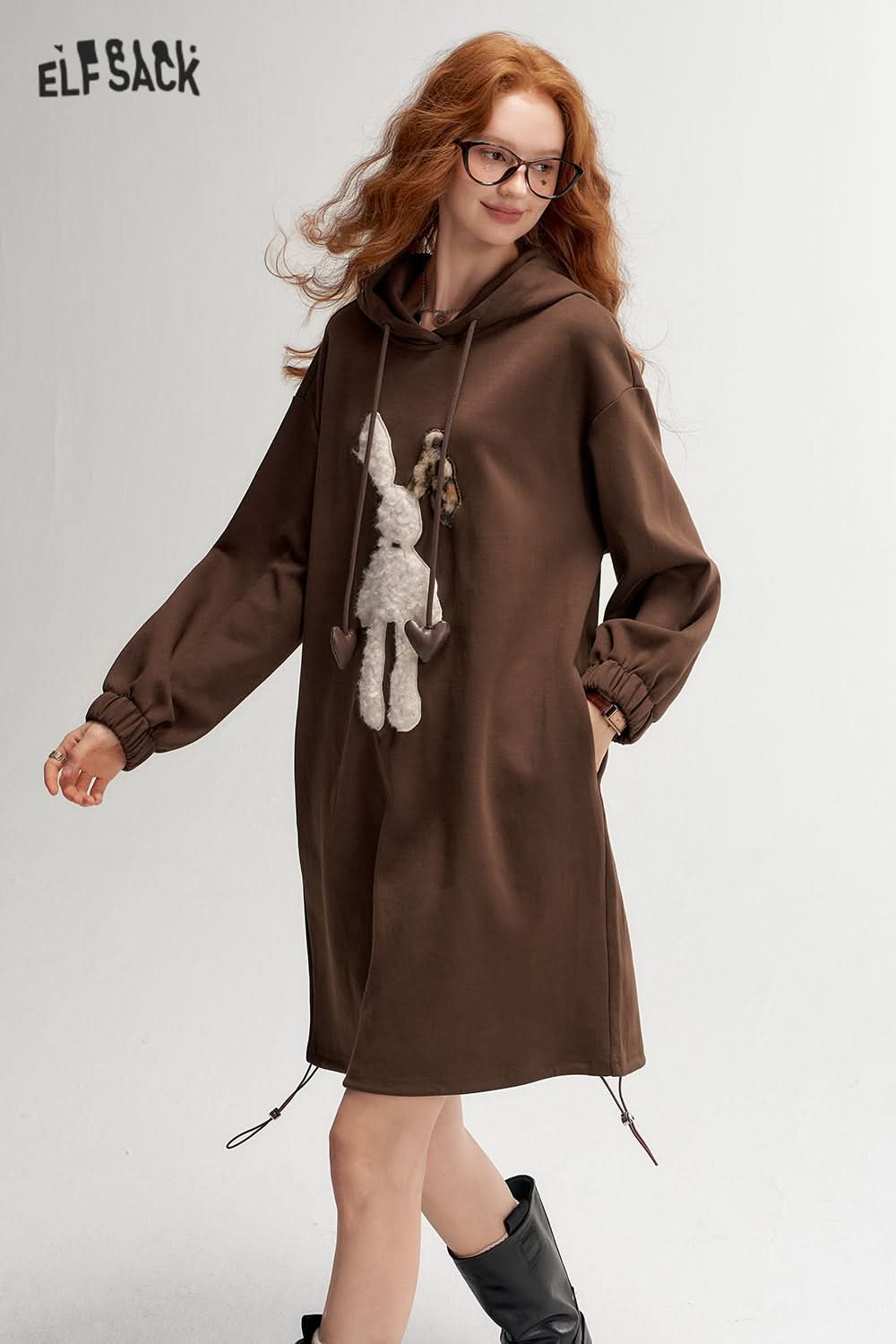 ELFSACK Plush rabbit hooded sweater dress, casual loose dress