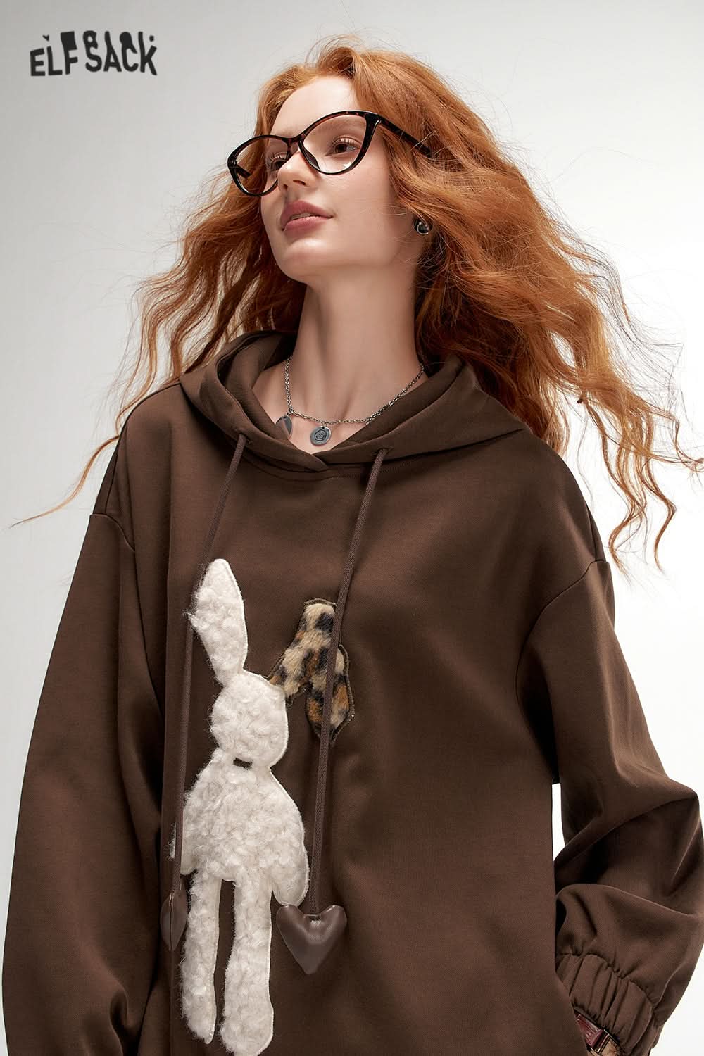ELFSACK Plush rabbit hooded sweater dress, casual loose dress