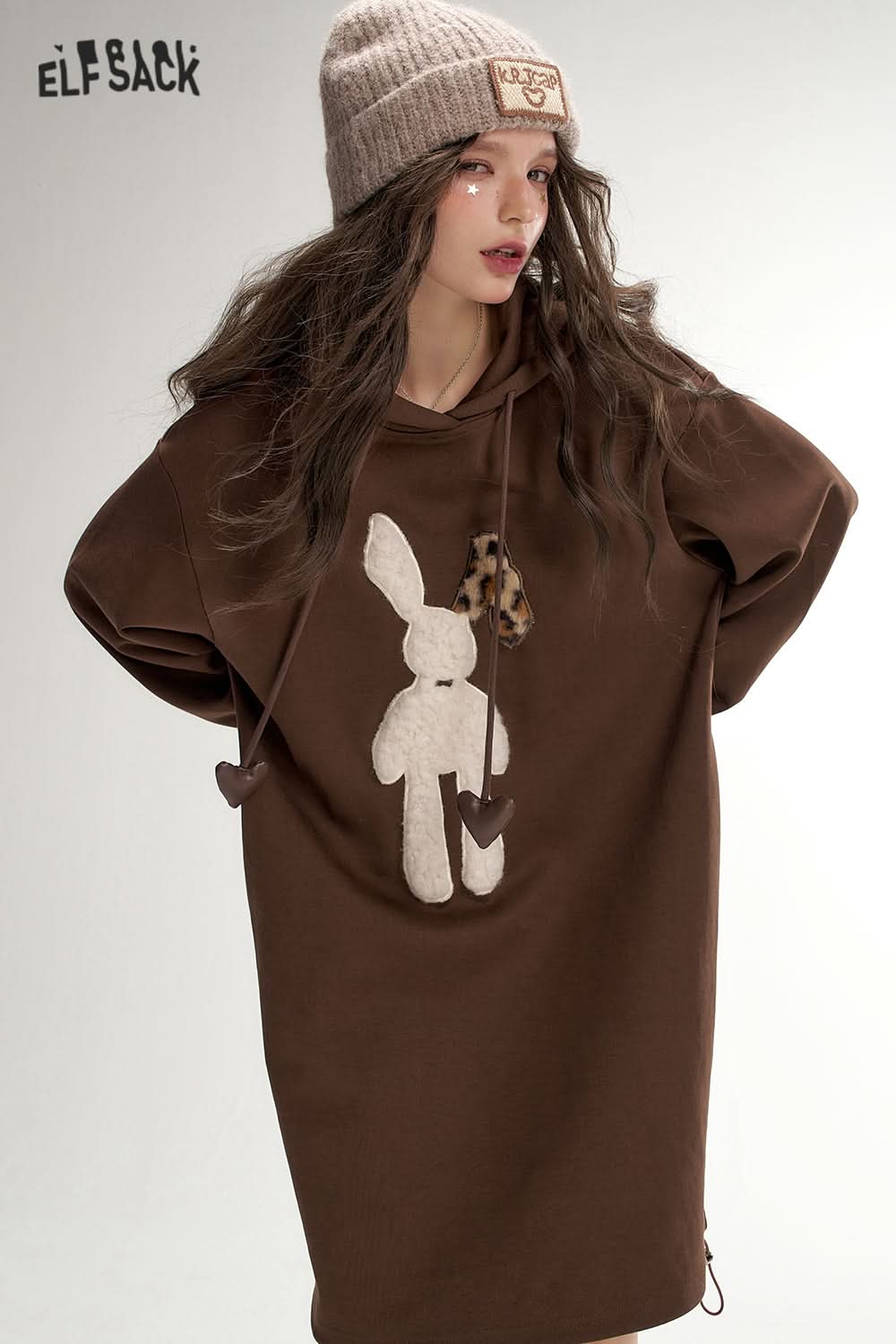 ELFSACK Plush rabbit hooded sweater dress, casual loose dress