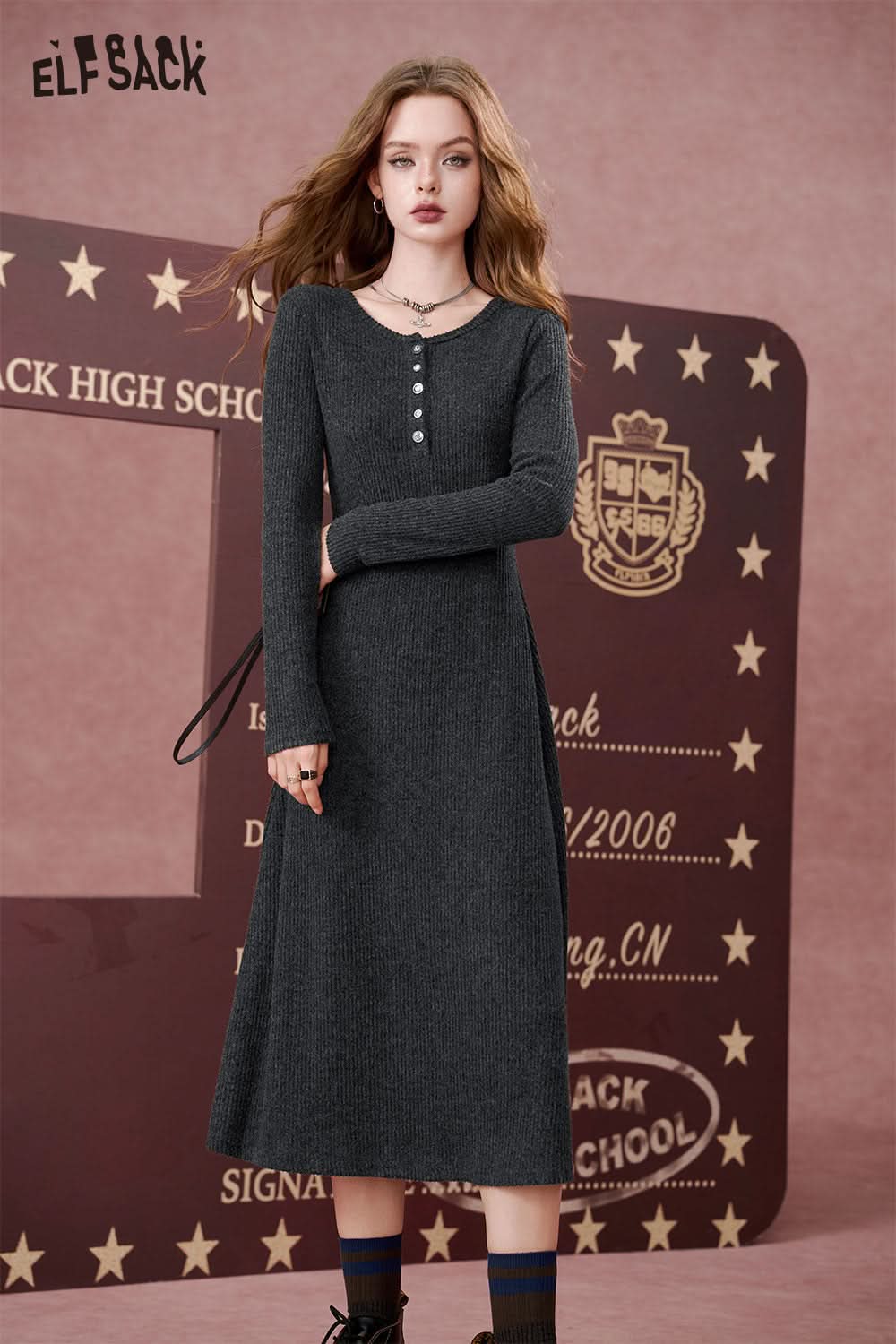 ELFSACK Casual waist cinching slimming round neck, knitted dress