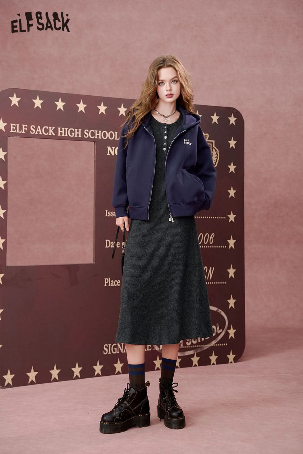 ELFSACK Casual waist cinching slimming round neck, knitted dress