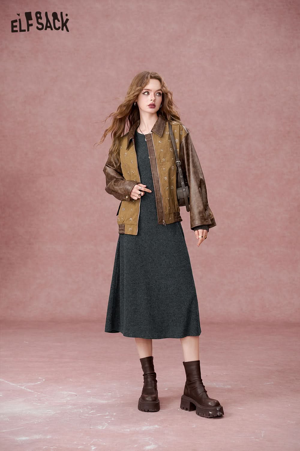 ELFSACK Casual waist cinching slimming round neck, knitted dress