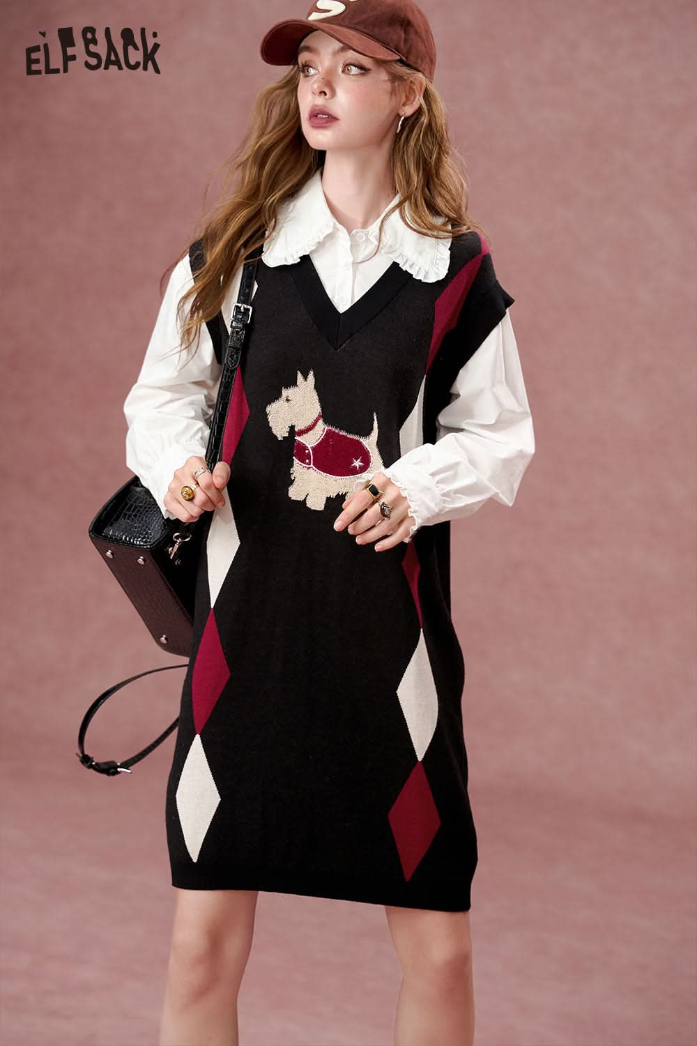 ELFSACK Fake two-piece shirt with plaid pattern College style knitted dress