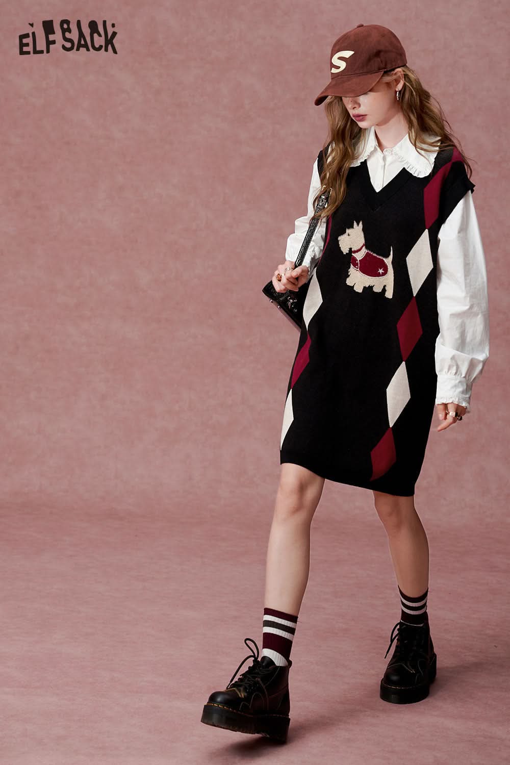 ELFSACK Fake two-piece shirt with plaid pattern College style knitted dress