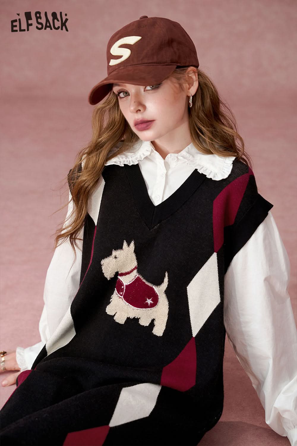 ELFSACK Fake two-piece shirt with plaid pattern College style knitted dress