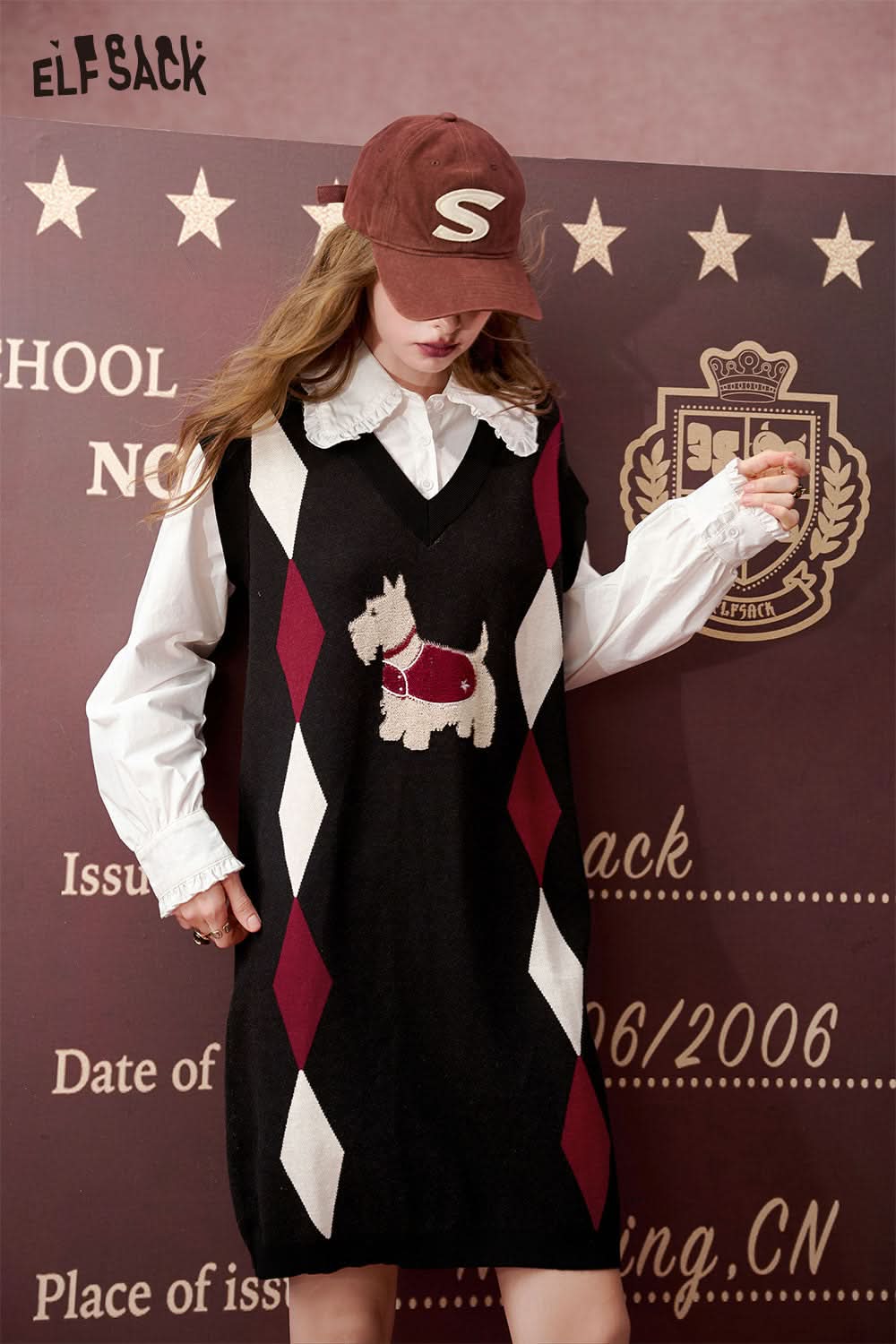 ELFSACK Fake two-piece shirt with plaid pattern College style knitted dress