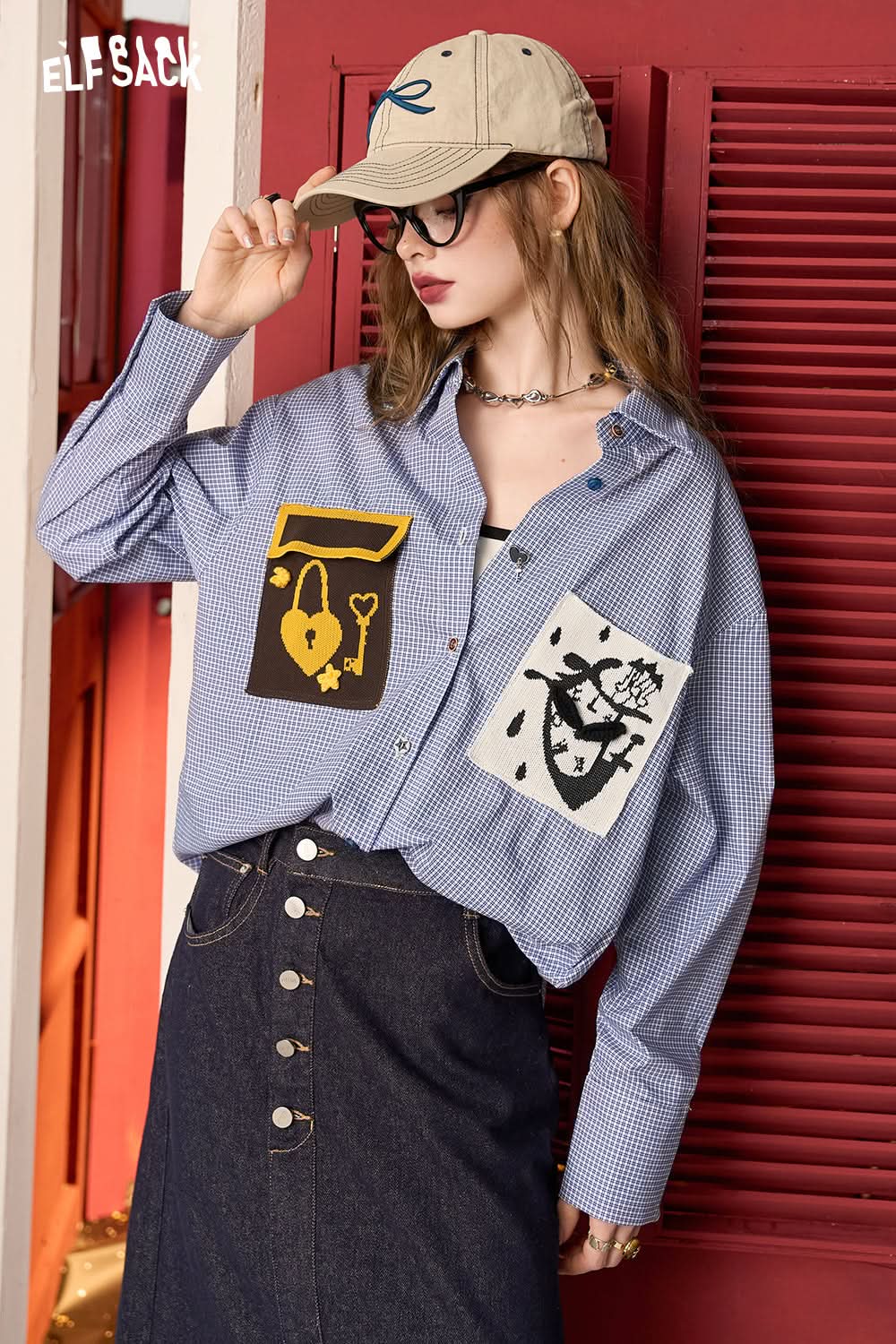 ELFSACK Blue casual plaid pure cotton Korean loose shirt long coat