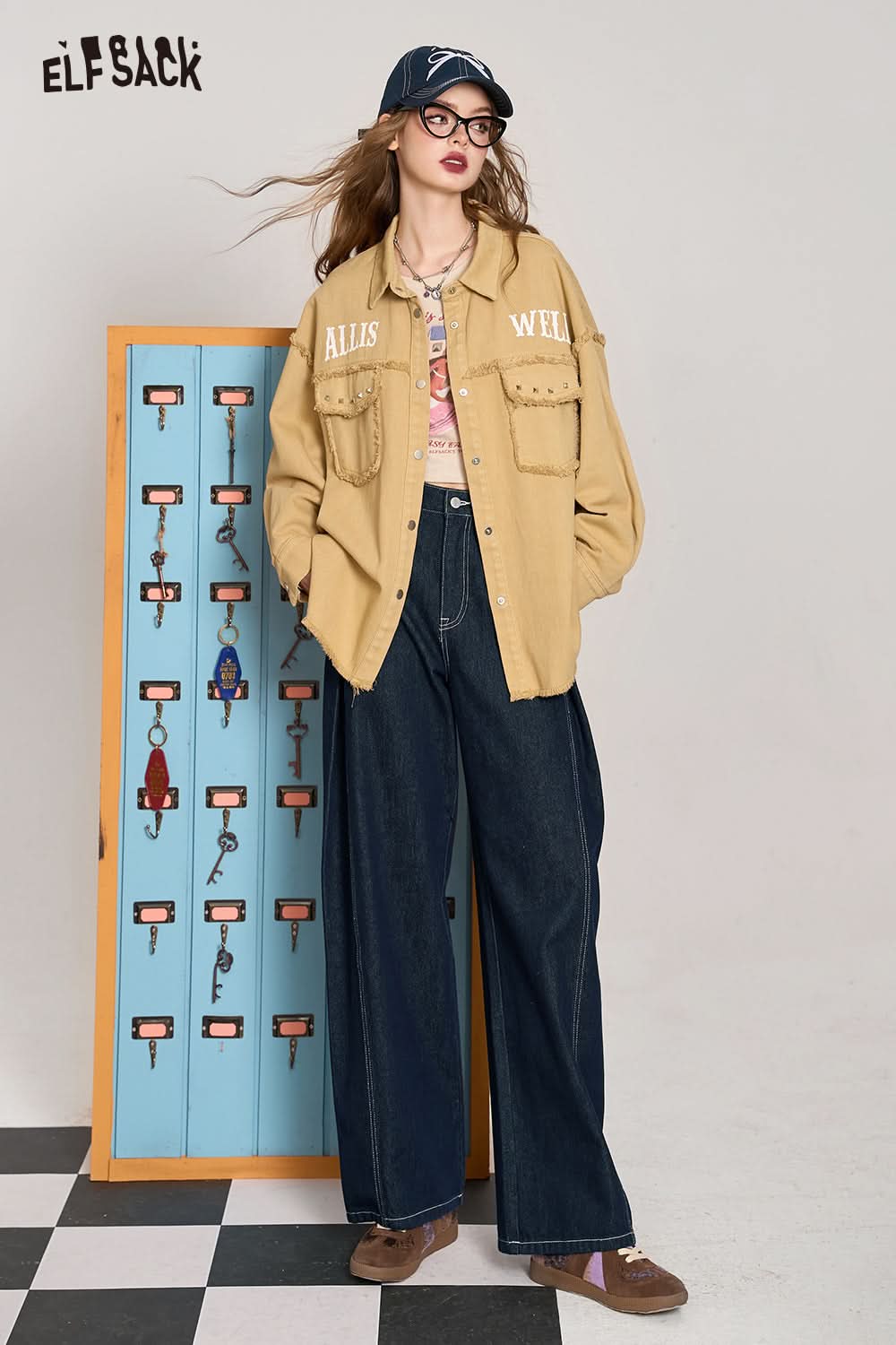 ELFSACK Barbie Rose Red Casual All-match Korean Style Brushed Rivet Shirt Short Jacket