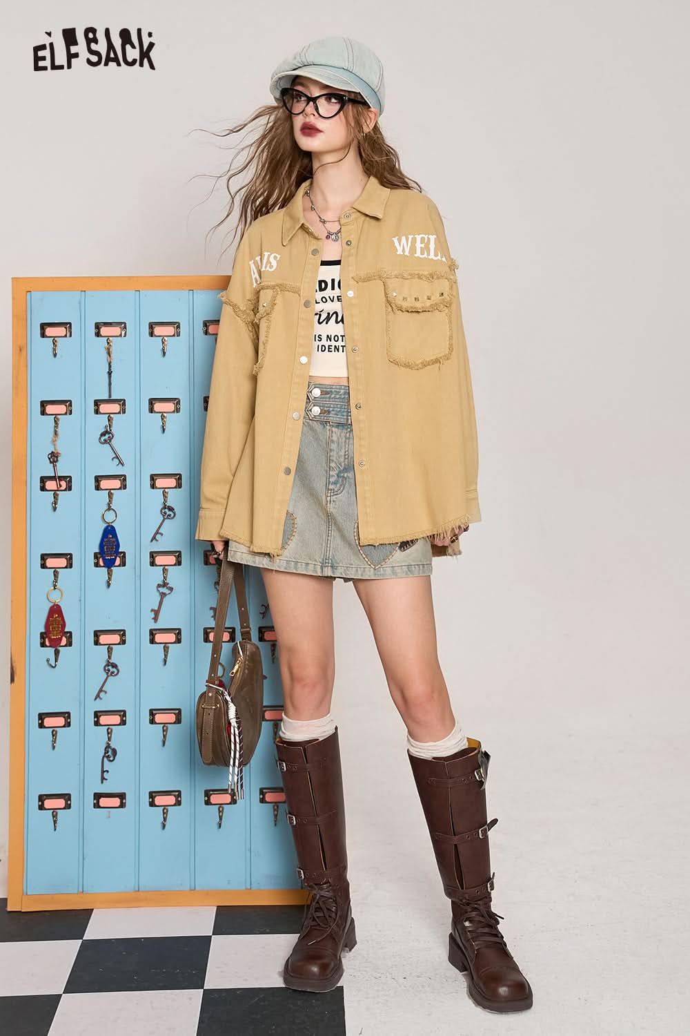 ELFSACK Barbie Rose Red Casual All-match Korean Style Brushed Rivet Shirt Short Jacket