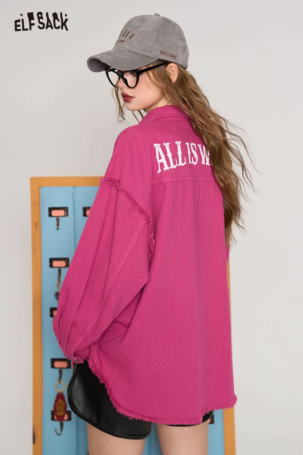 ELFSACK Barbie Rose Red Casual All-match Korean Style Brushed Rivet Shirt Short Jacket