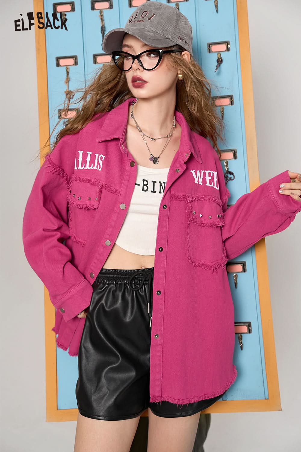 ELFSACK Barbie Rose Red Casual All-match Korean Style Brushed Rivet Shirt Short Jacket