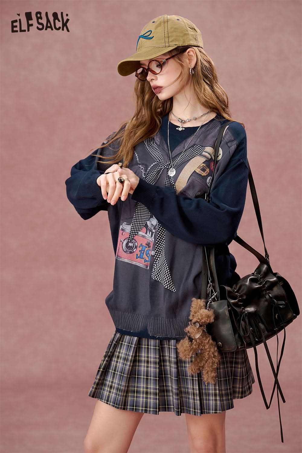 ELFSACK Contrast color printed round neck sweater, loose casual tops