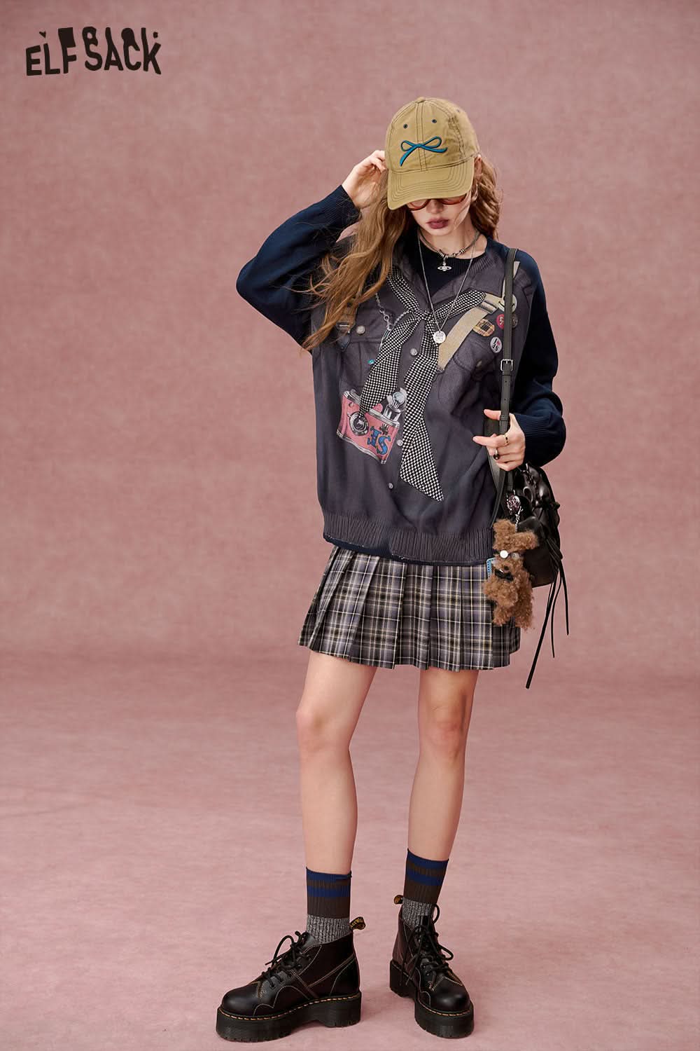 ELFSACK Contrast color printed round neck sweater, loose casual tops