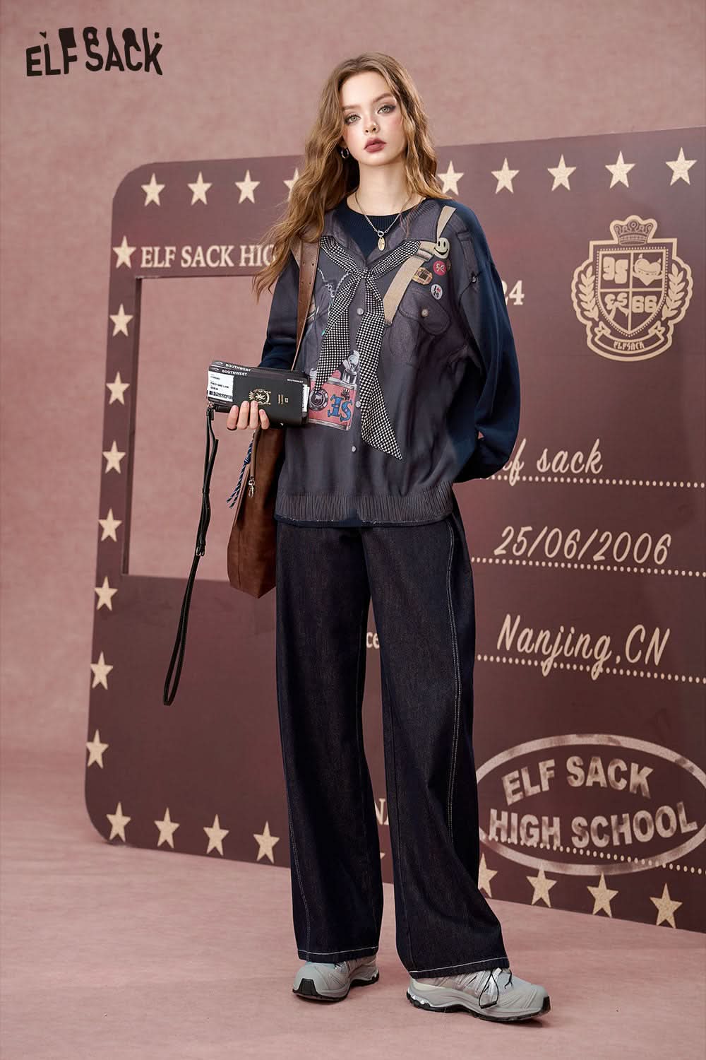 ELFSACK Contrast color printed round neck sweater, loose casual tops