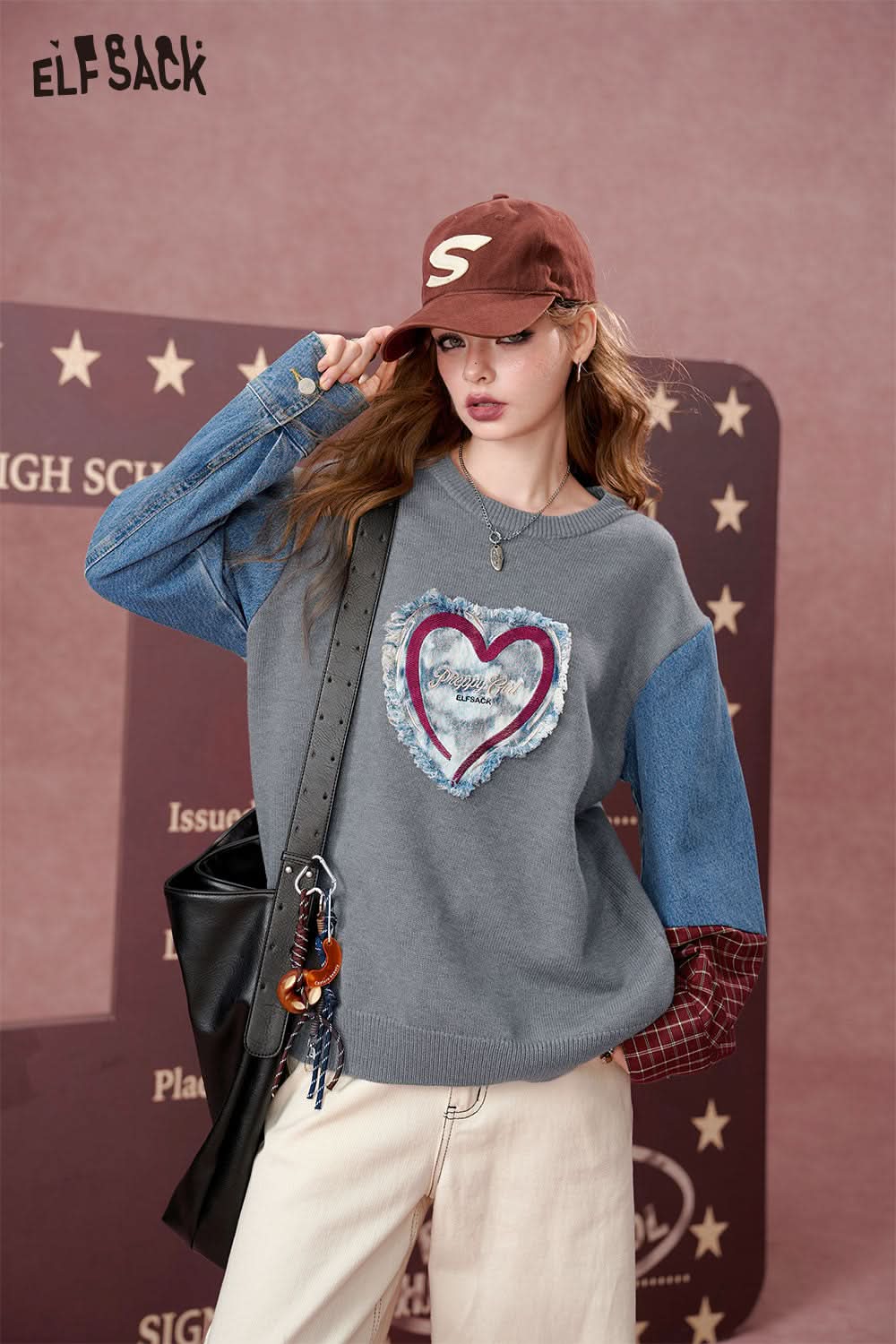 ELFSACK Contrast color denim stitching round neck sweater, loose college style top
