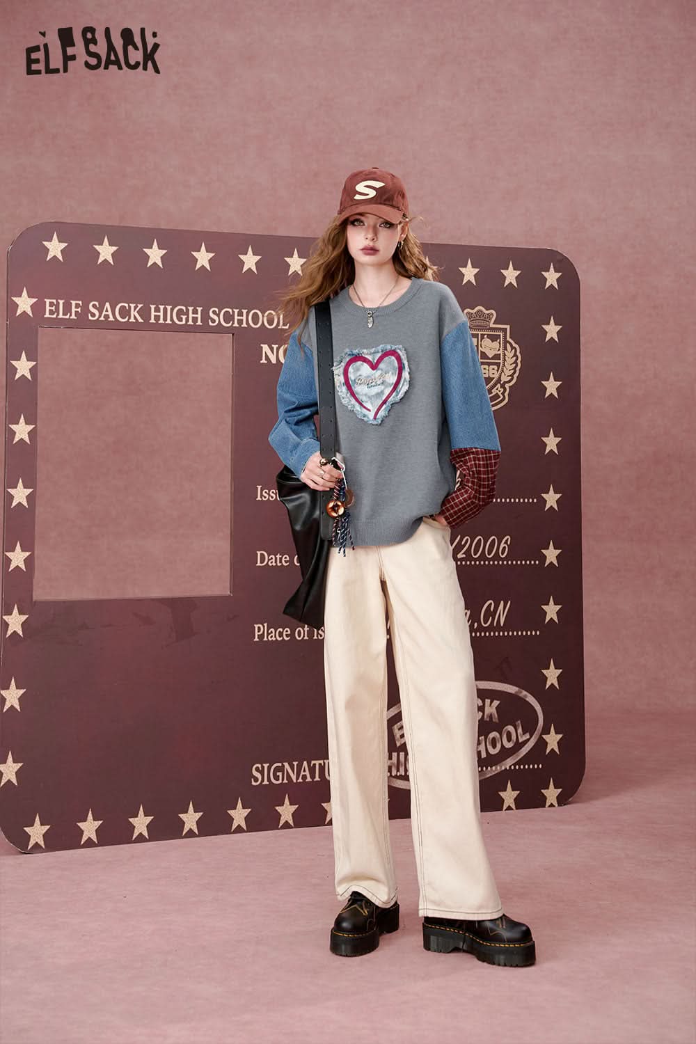 ELFSACK Contrast color denim stitching round neck sweater, loose college style top