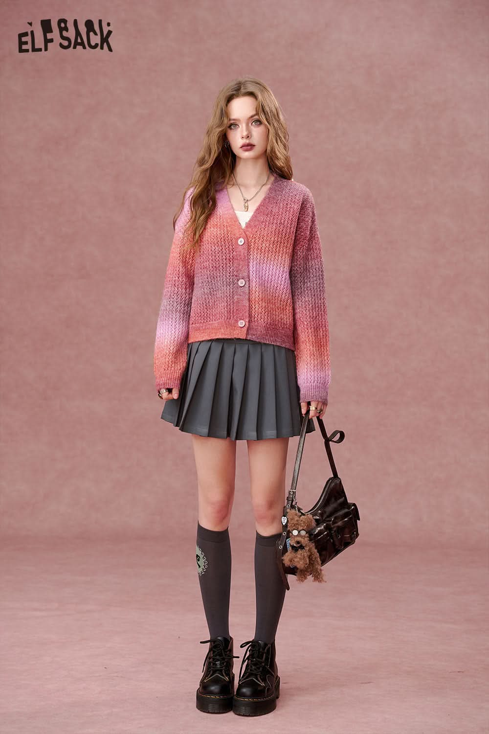 ELFSACK Gradient color V-neck sweater Sweet and versatile cardigan sweater