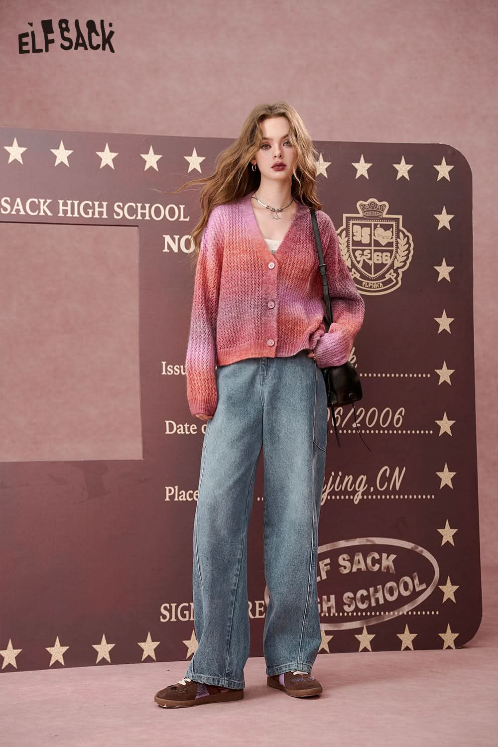 ELFSACK Gradient color V-neck sweater Sweet and versatile cardigan sweater