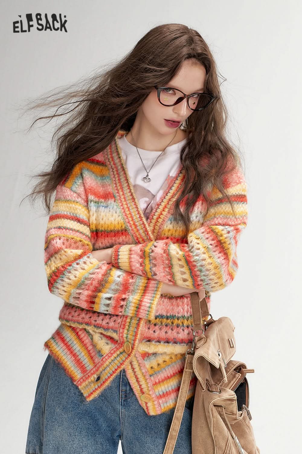 ELFSACK Rainbow V-neck hollow sweet sweater cardigan