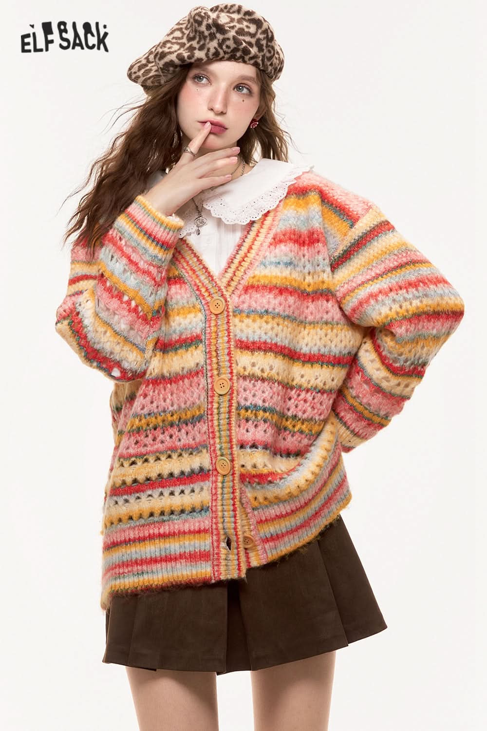 ELFSACK Rainbow V-neck hollow sweet sweater cardigan