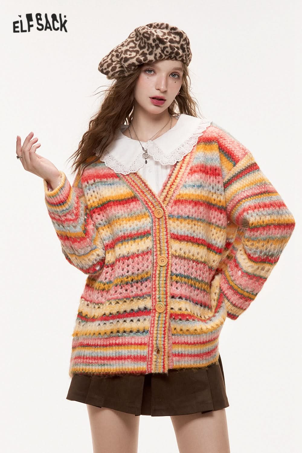 ELFSACK Rainbow V-neck hollow sweet sweater cardigan