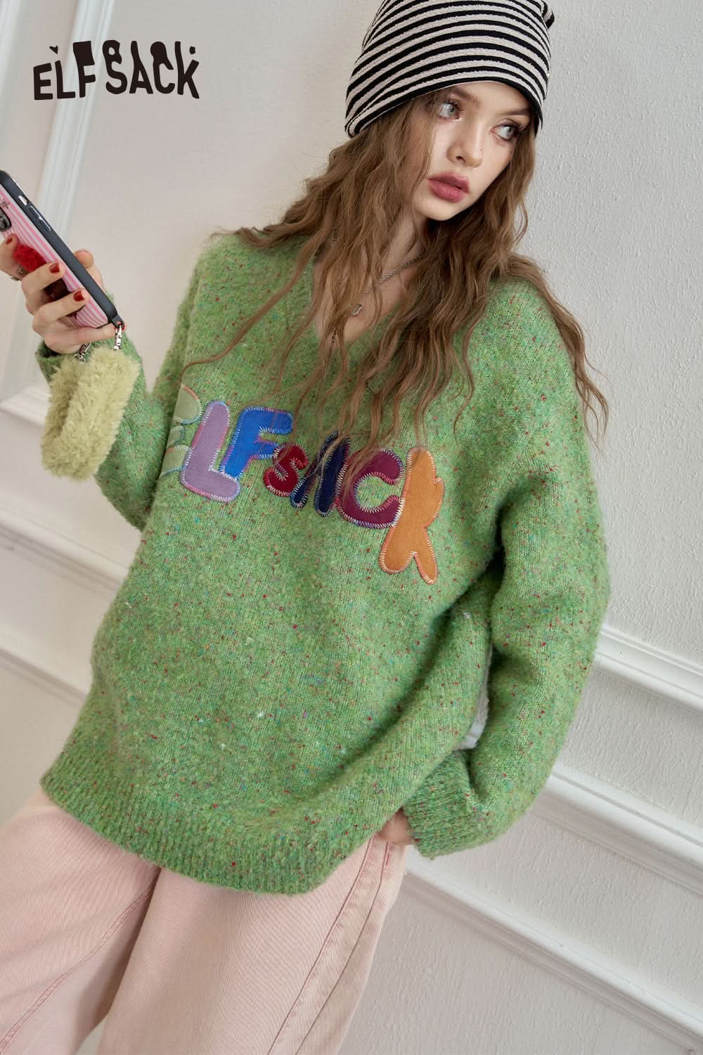 ELFSACK V-neck loose casual colorful letters sweater