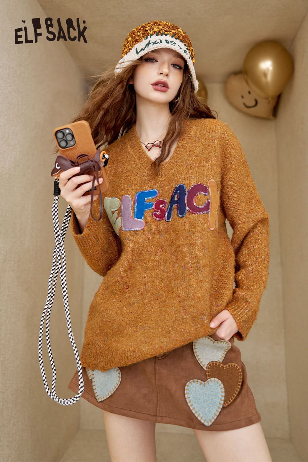 ELFSACK V-neck loose casual colorful letters sweater