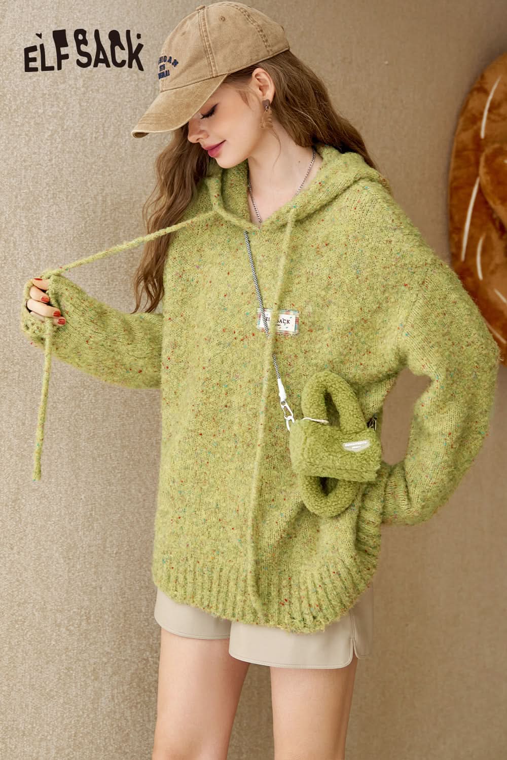 ELFSACK colorful fluffy hooded lazy style sweater