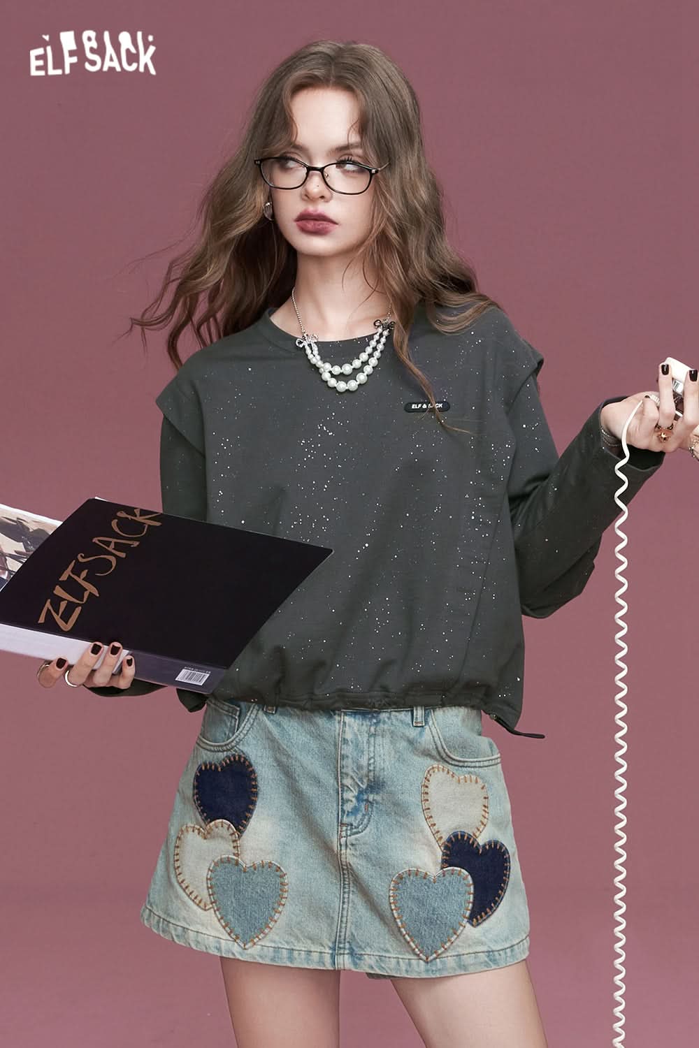 ELFSACK Grey waistcoat with silver hot round neck loose long sleeve casual sweater