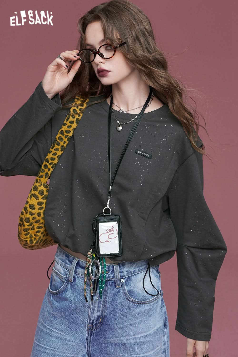 ELFSACK Grey waistcoat with silver hot round neck loose long sleeve casual sweater