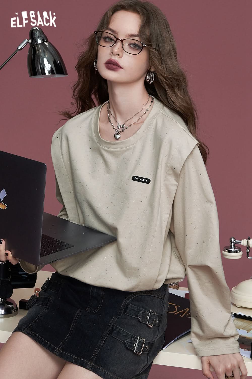 ELFSACK Grey waistcoat with silver hot round neck loose long sleeve casual sweater