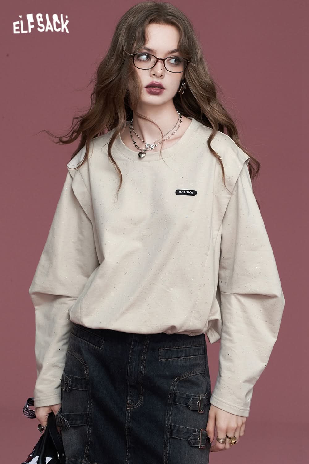 ELFSACK Grey waistcoat with silver hot round neck loose long sleeve casual sweater