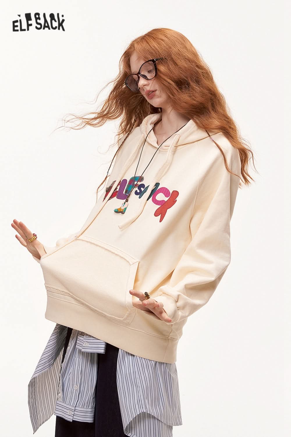ELFSACK Letter Printed Hoodie Loose Casual Thin Sweatshirt