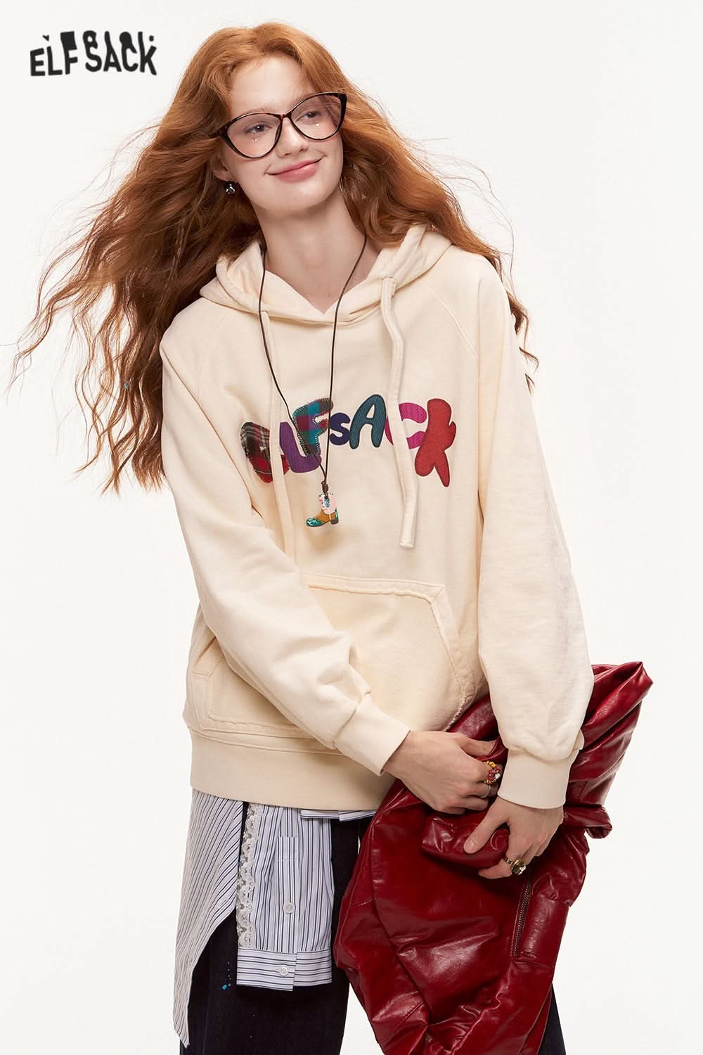 ELFSACK Letter Printed Hoodie Loose Casual Thin Sweatshirt