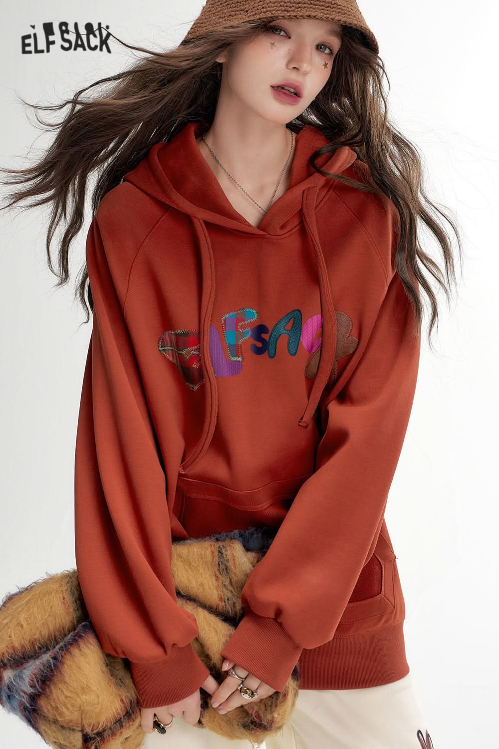 ELFSACK Letter Printed Hoodie Loose Casual Thin Sweatshirt