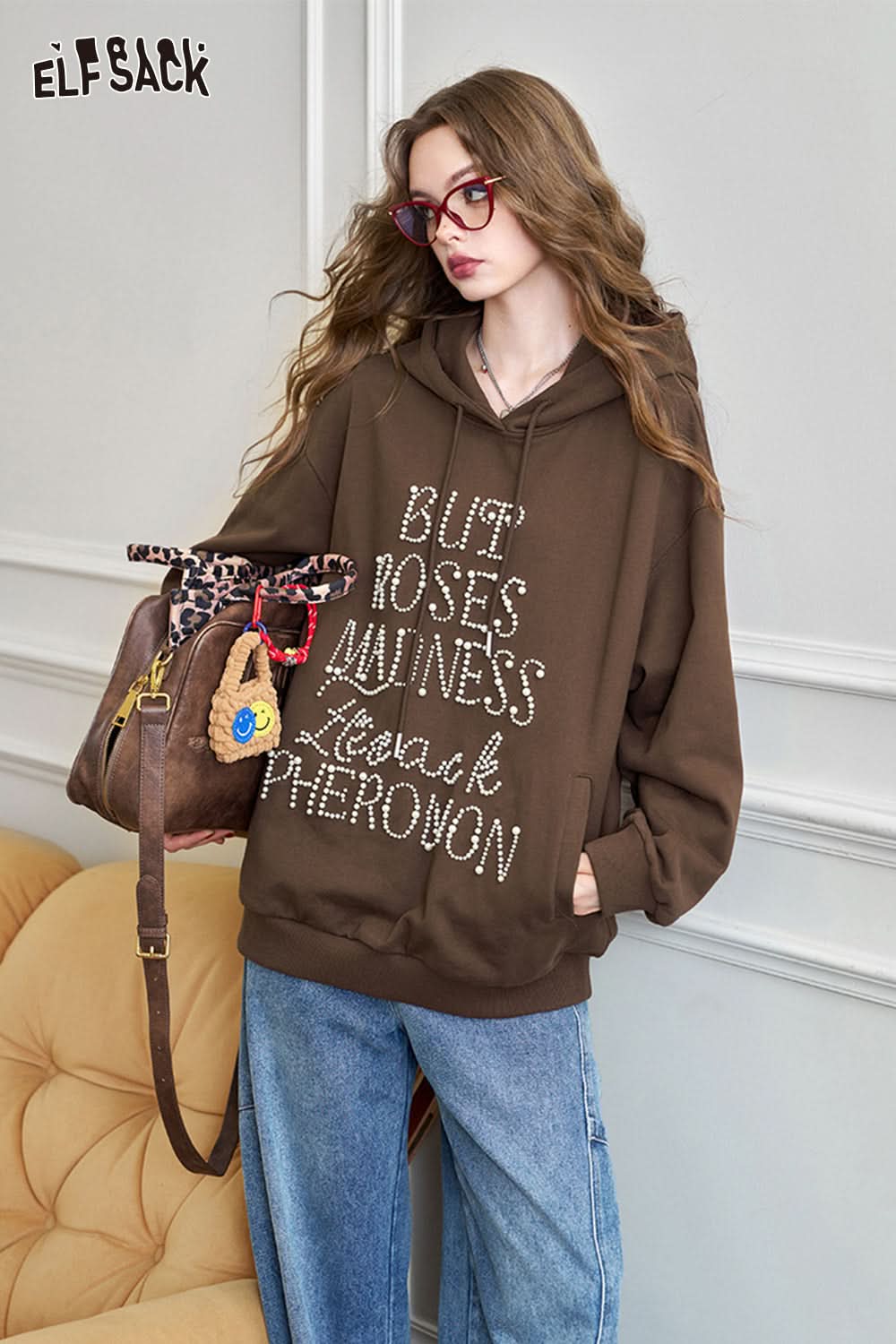 ELFSACK American retro heavy-duty hooded sweatshirt, loose casual thin top