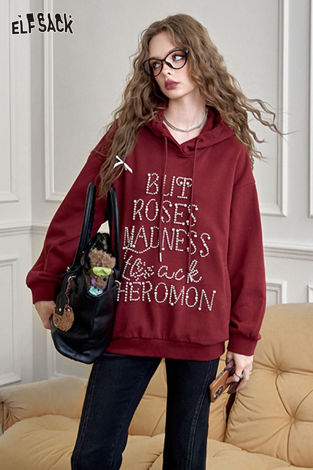 ELFSACK American retro heavy-duty hooded sweatshirt, loose casual thin top