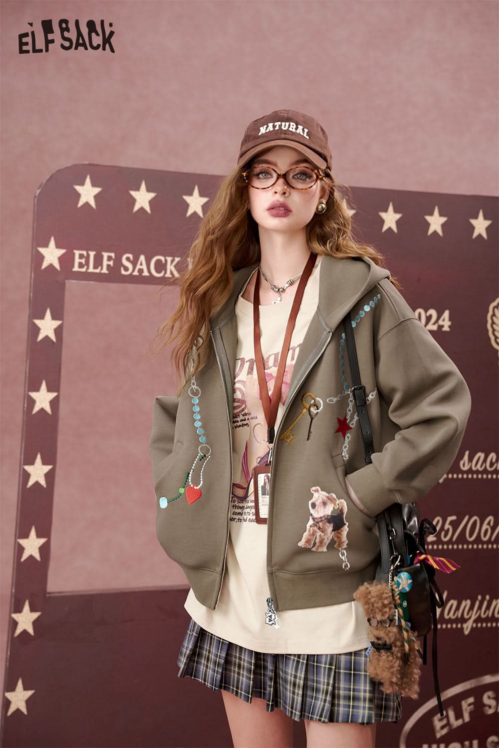 ELFSACK Simple casual hooded Hoodie cardigan, cartoon printed jacket