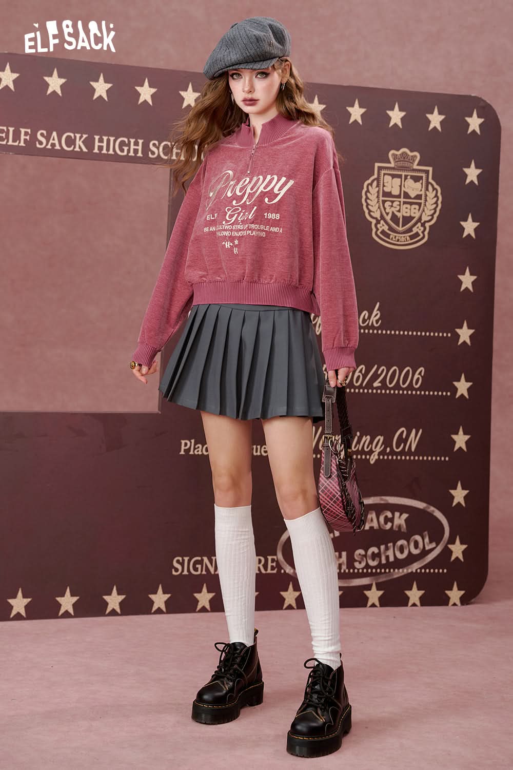 ELFSACK American retro pink half zipper short long sleeve sweatshirt