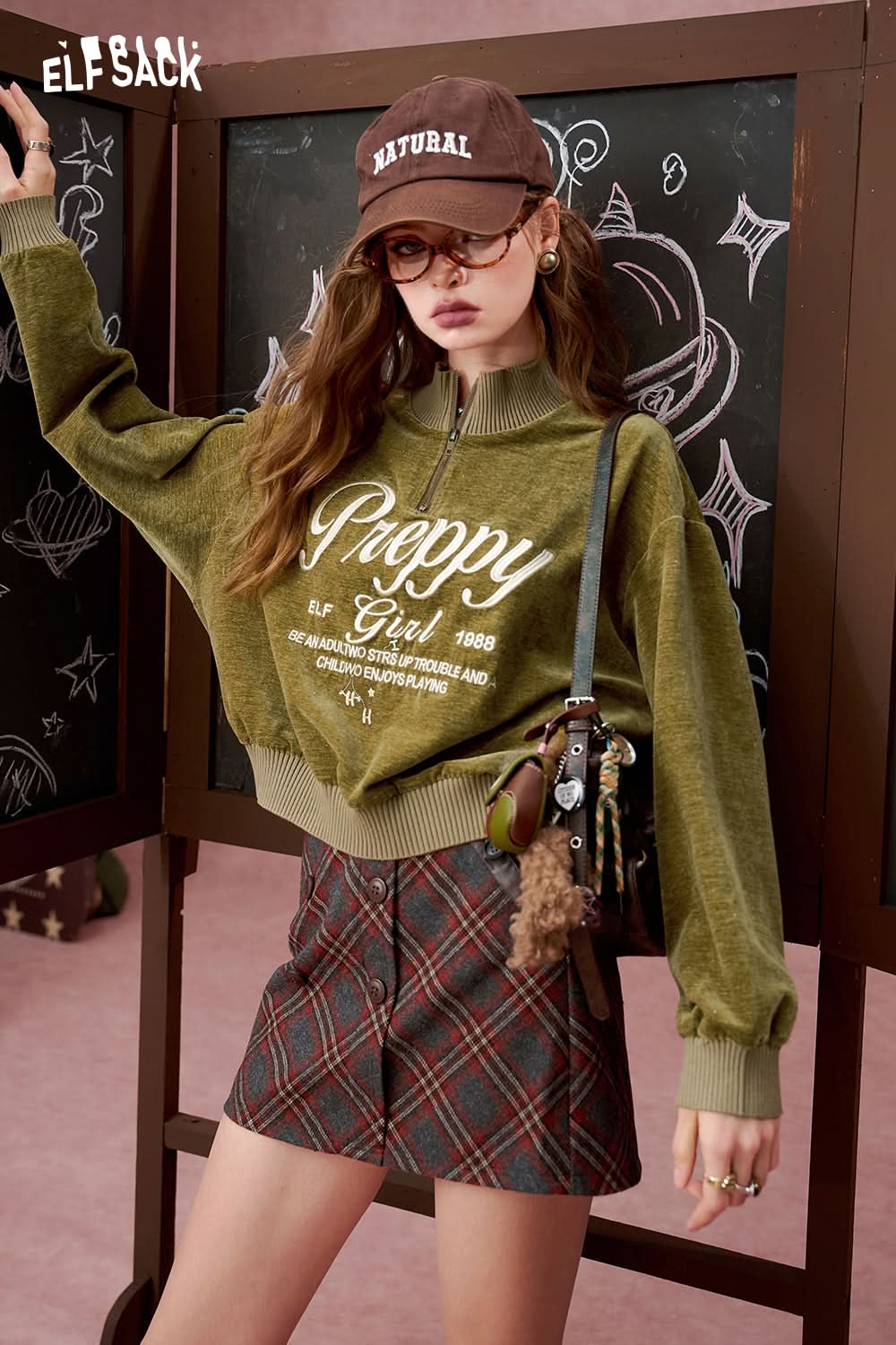 ELFSACK American retro pink half zipper short long sleeve sweatshirt