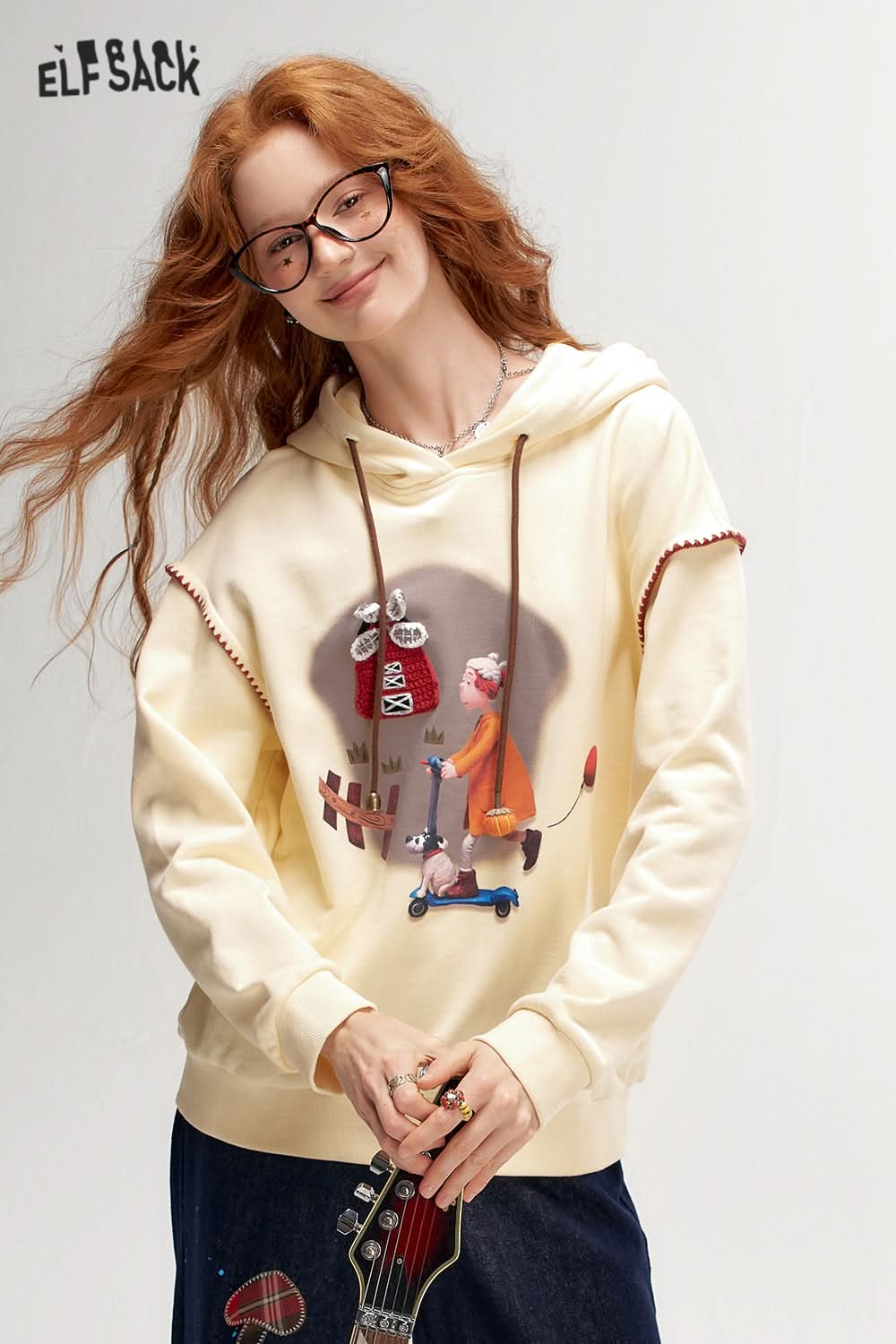 ELFSACK Fun Print Casual Hoodie Loose Thin Sweatshirt